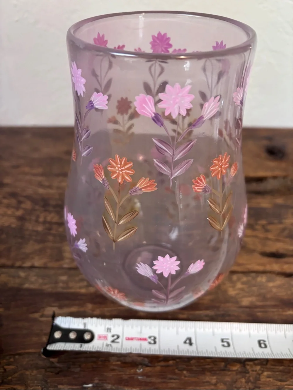 Anthropologie Lavender Glass Vase with Pink and Orange Floral Motif